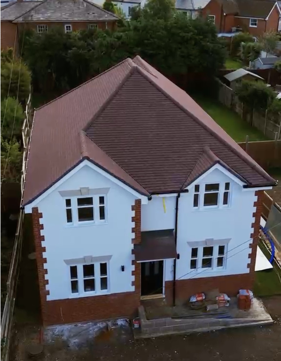 Aerial view of the front of the new-build home during construction