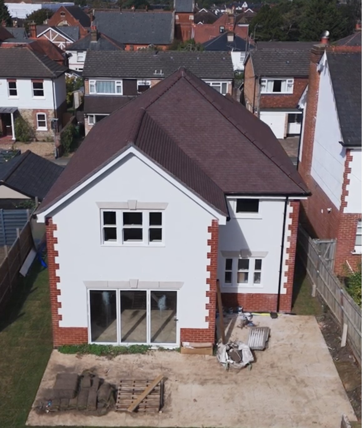 Aerial view of the rear of the new-build home and garden
